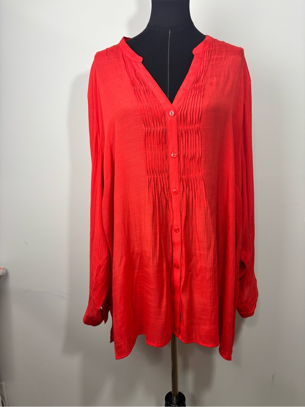 Catherines Women's 3X Orange Gauzy Pintuck Button Down Tunic Semi Sheer V Neck